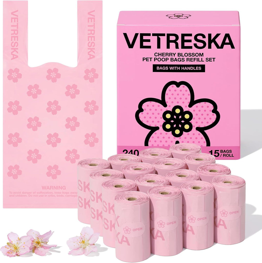 VETRESKA Dog Poop Bags with Handles 240 Count, Floral Scented Waste Bags | Leak-Proof Thick Dog Bags for Poop, Easy-Tie Large Poop Bags, 16 Refill Rolls for Dog Walking Cat Litter