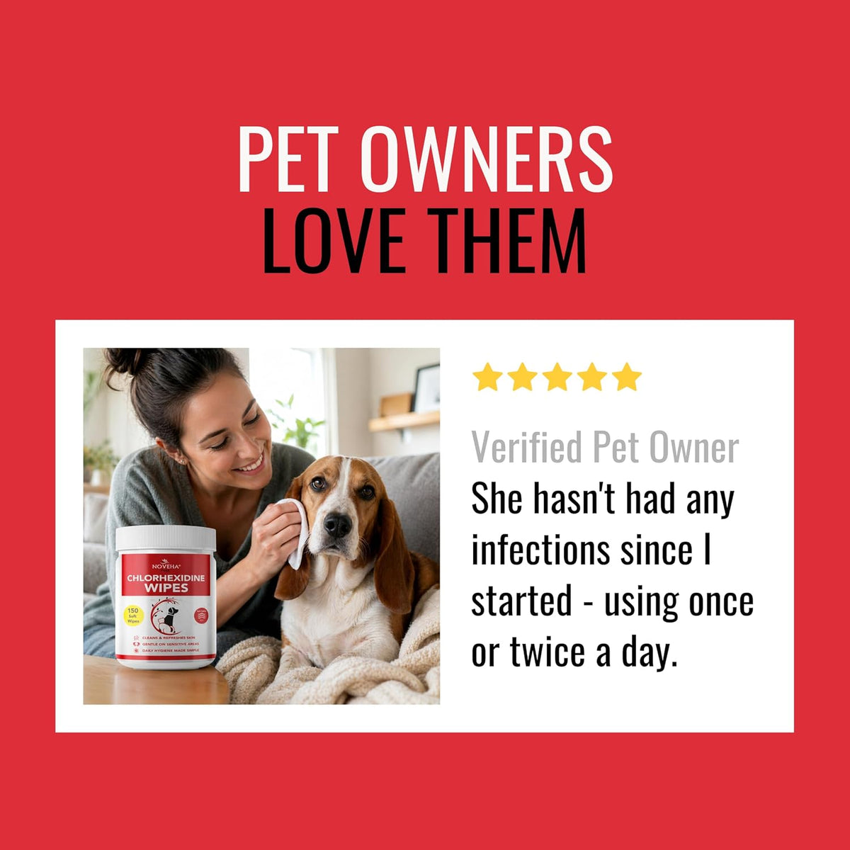 NOVEHA Pet Wipes - Formulated Pet Wipes - for Facial and Finger Folds, Underarms - 3" x 2" Size (150 Counts)