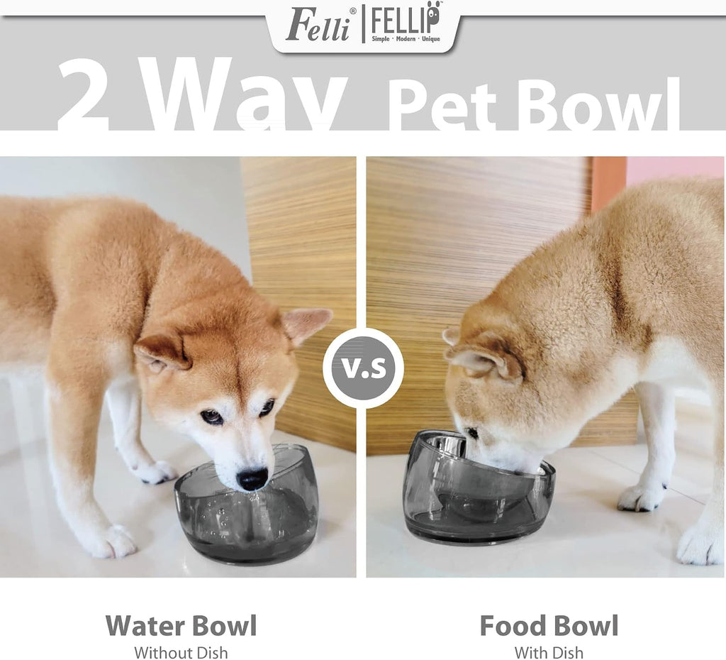 Felli Pet Oblik Acrylic Raised Dog Food Water Bowl Stainless Steel Slanted Oval Dish for Short Leg Puppy & Small Medium Pet, Elevated Tilted Metal Feeder (Smoky, 1.5 Cups Oval Dish) 