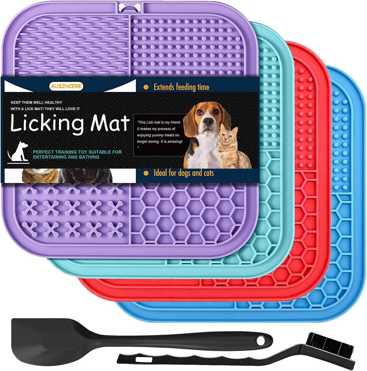 Lick Mat for Dogs Cats, 7.9" Large Licking Pad, Food Grade Silicone Slow Feeder Mat with Strong Suction Cups, Anxiety Relief Lick Pad for Bathing Grooming Training, 4 Pack