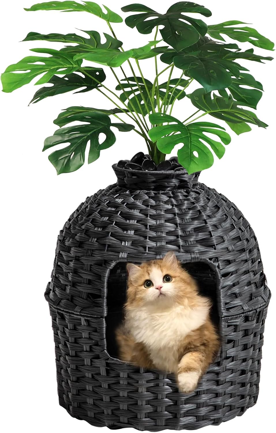 SETVSON Cat Litter Box Plant Furniture Enclosure, PE Rattan House, Black