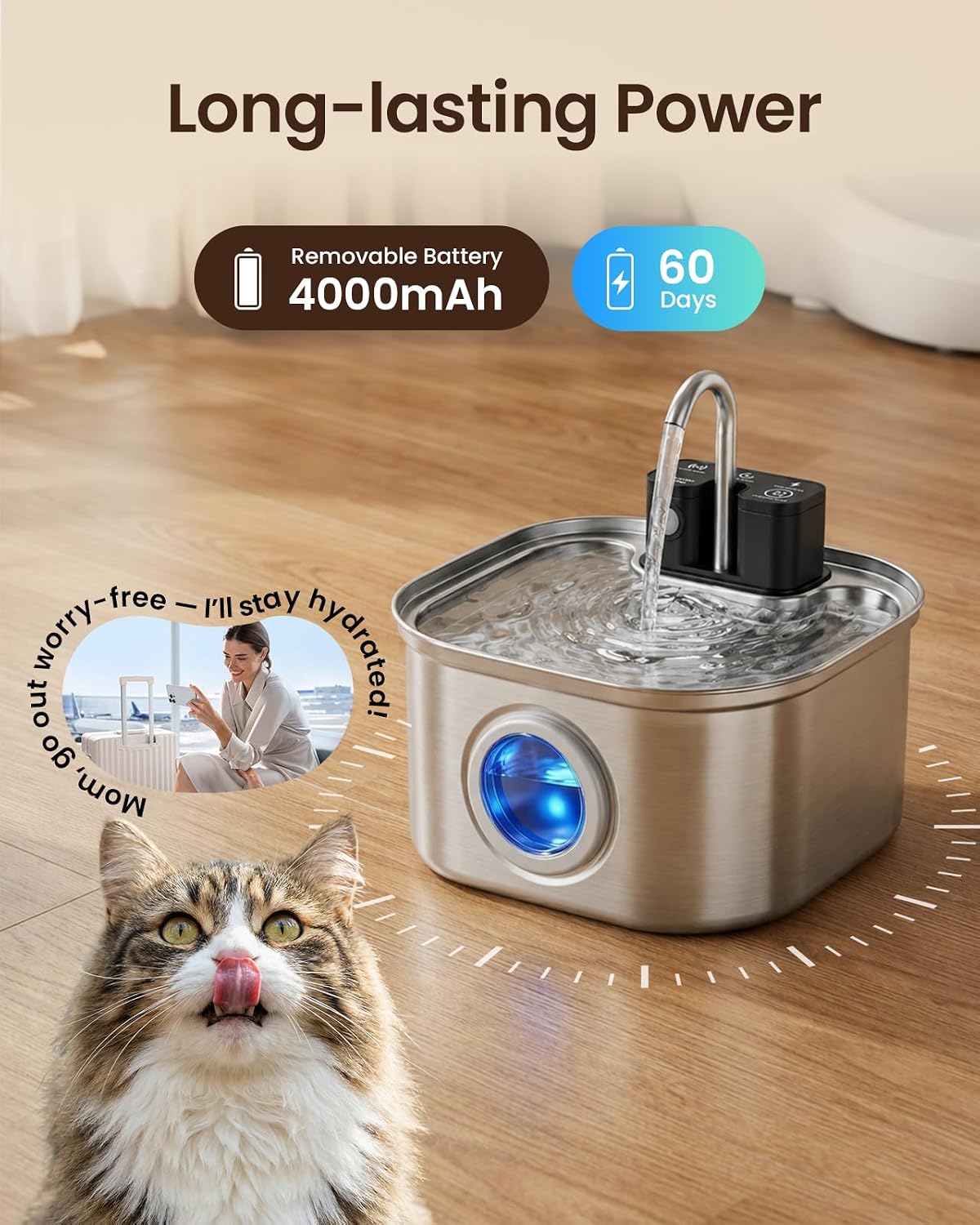 Cordless Cat Water Fountain, 3.2L/108oz Stainless Steel Cat Fountain