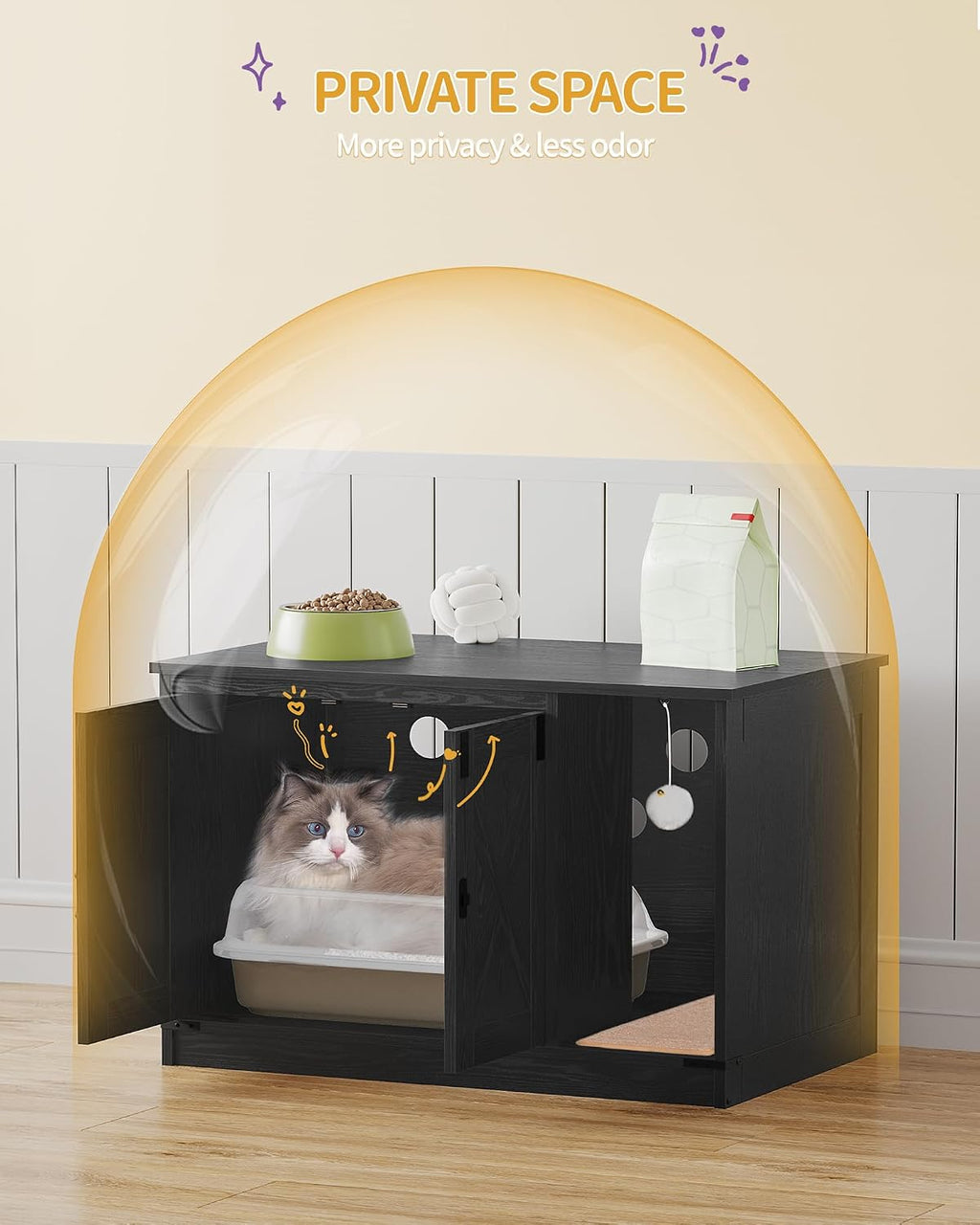 Hzuaneri Cat Litter Box Enclosure, Hidden Litter Box Cabinet Furniture | Indoor Cat House with Bell, Farmhouse Style, 31.5 x 19.7 x 20.9 Inches, for Hallway, Bedroom, Black CB82404X