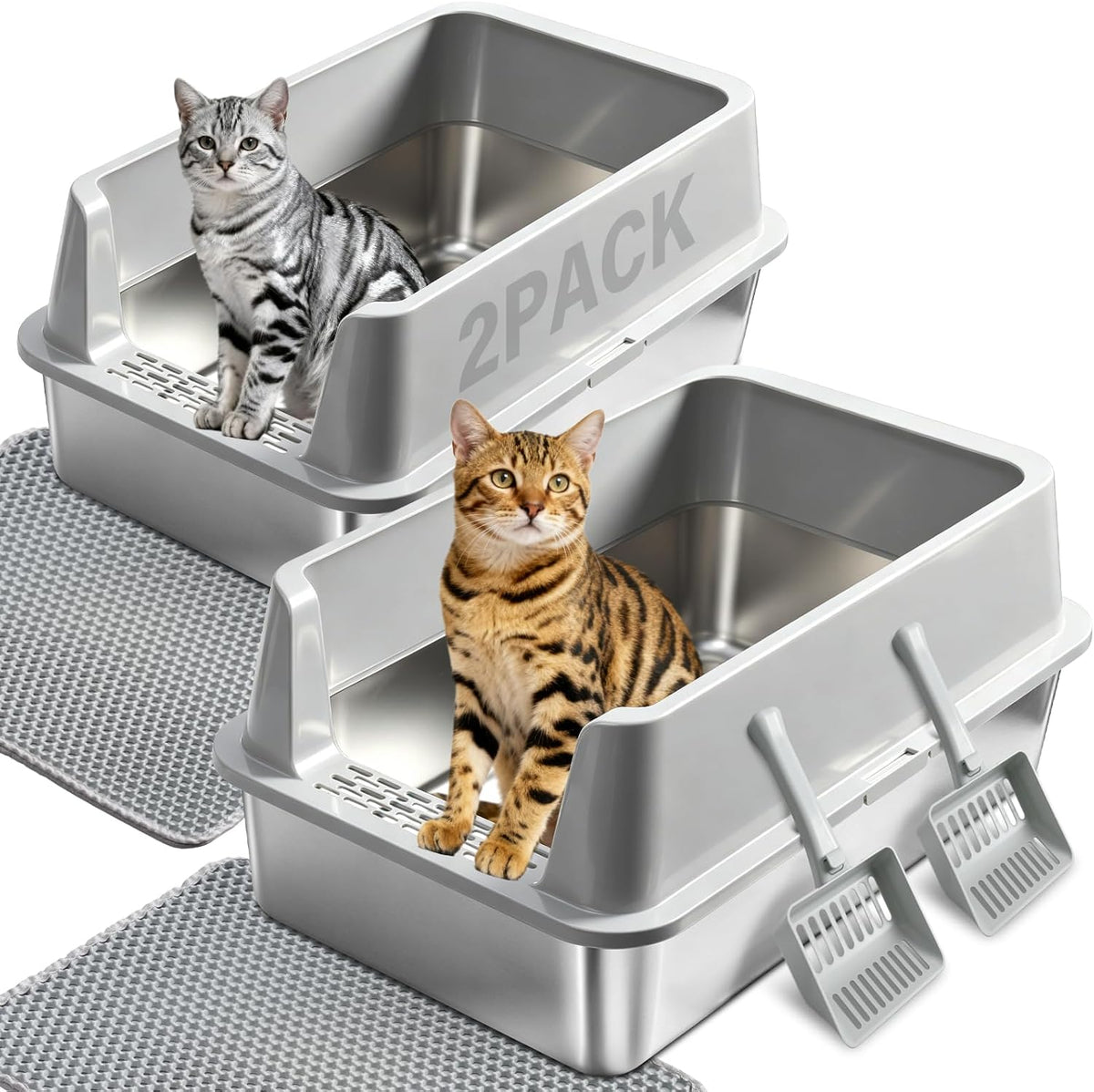 2PACK XL Stainless Steel Litter Box with Lid, Extra Large Cat Litter Boxes