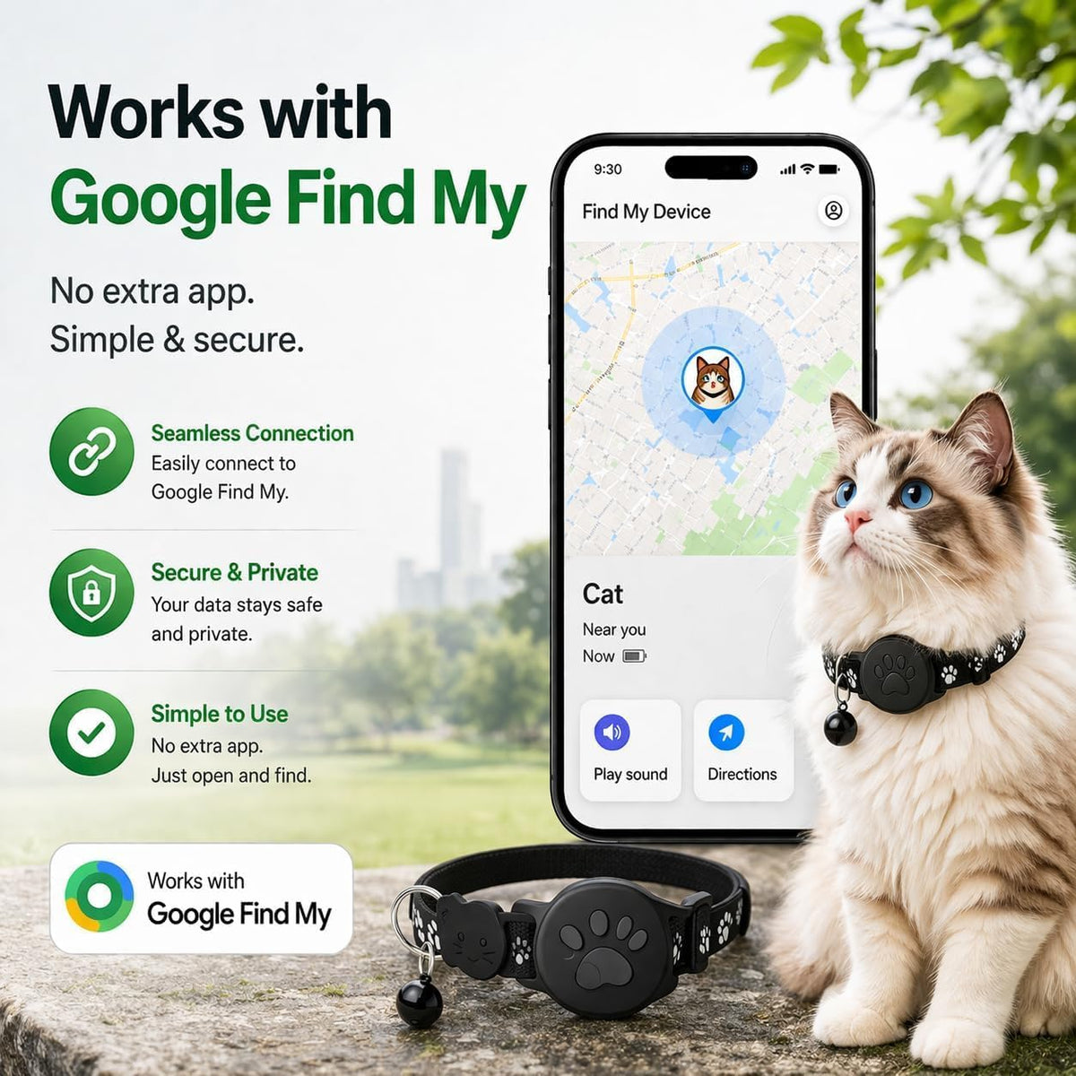 GPS Tracker for Cats, Cat Collar with Tracker for Android Users – No Monthly Fee, Google Find Hub Cat GPS Tracker Collar, IP67 Waterproof, Replaceable Battery Lasts 1 Year (Not Standalone GPS) (Black)