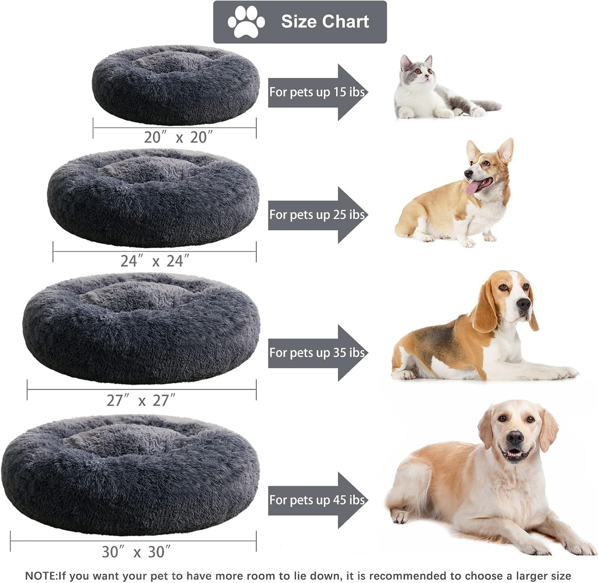 WNPETHOME Large Round Calming Dog Bed Cat Bed for Comfy Sleep