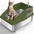 AIPERRO Stainless Steel Litter Box | XL Enclosed Metal Cat Litter Boxes | High Sided with Lid for Big Cats | Anti-Urine Leakage | Non-Stick Bottom & Includes Litter Mat & Metal Scoop (Olive Green)
