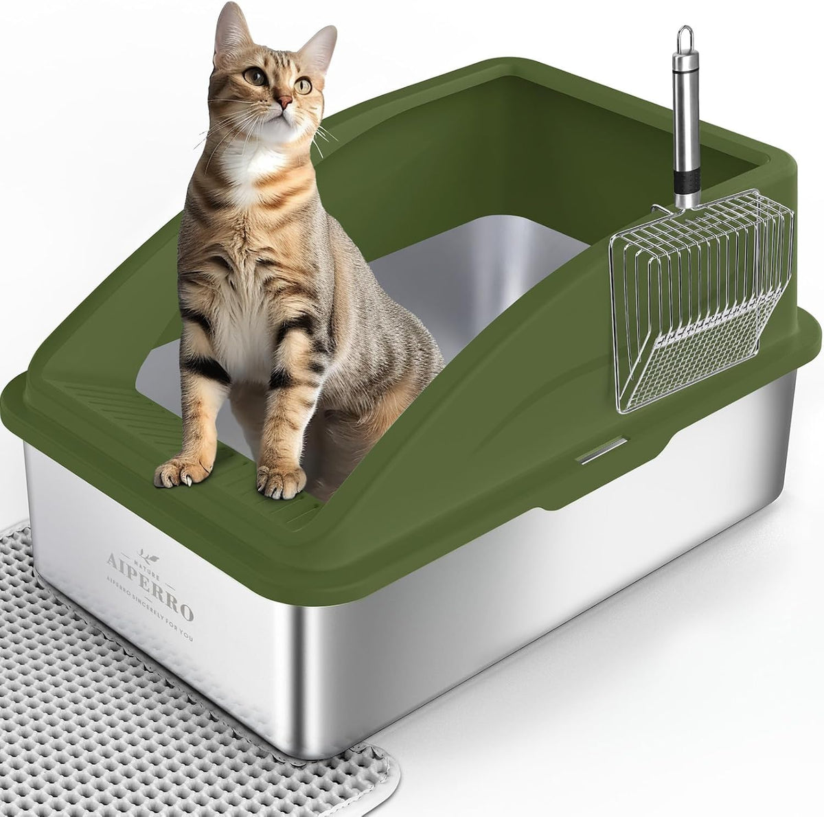 AIPERRO Stainless Steel Litter Box | XL Enclosed Metal Cat Litter Boxes | High Sided with Lid for Big Cats | Anti-Urine Leakage | Non-Stick Bottom & Includes Litter Mat & Metal Scoop (Olive Green)