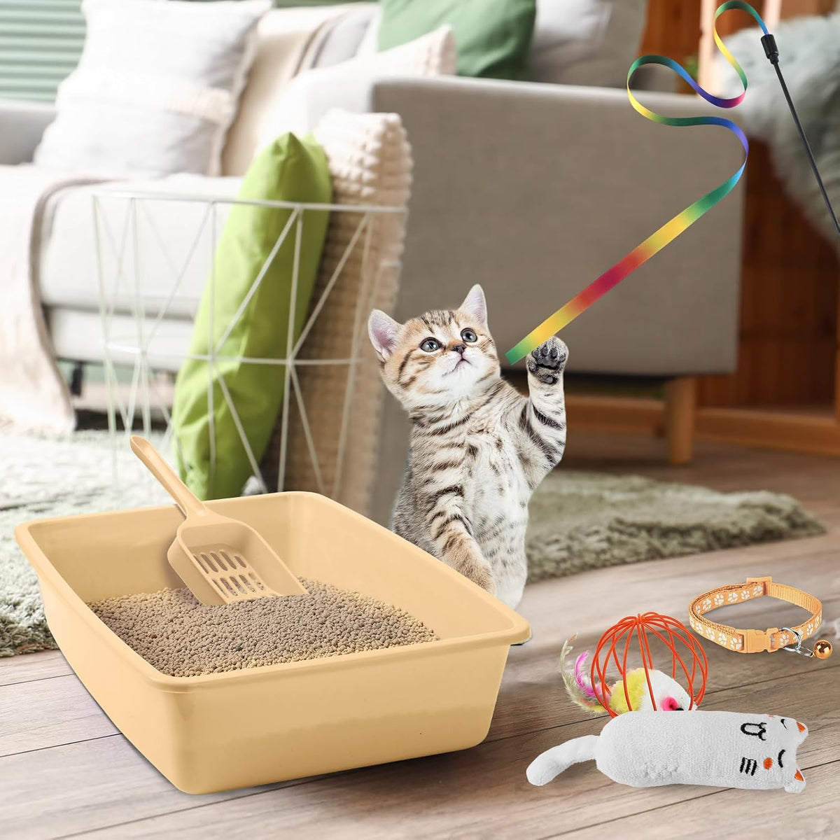 Tioncy 7 Pcs Kitten Litter Box Starter Kit with Mat, Simple, Khaki