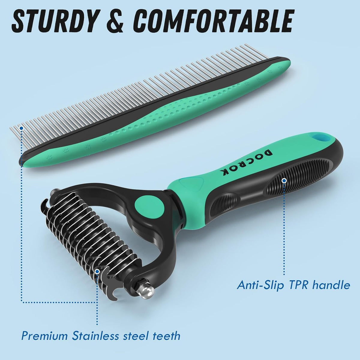 Docrok Pet Grooming Brush and Metal Comb Combo for Dogs & Cats, Green | Dematting Deshedding Undercoat Rake, Cat Brush Dog Brush Shedding Tool for Long Matted Haired Pets