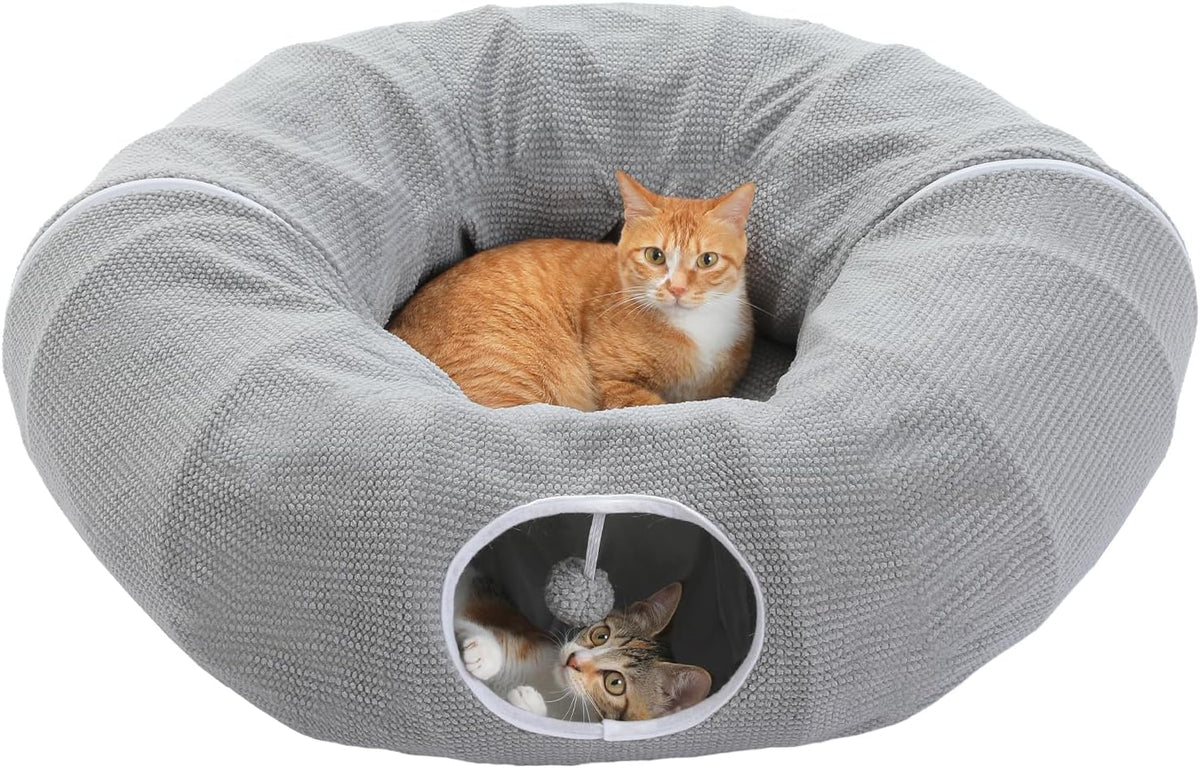 PEQULTI Grey Donut Cat Tunnel Bed Washable Plush Mat Multi for Small Pets