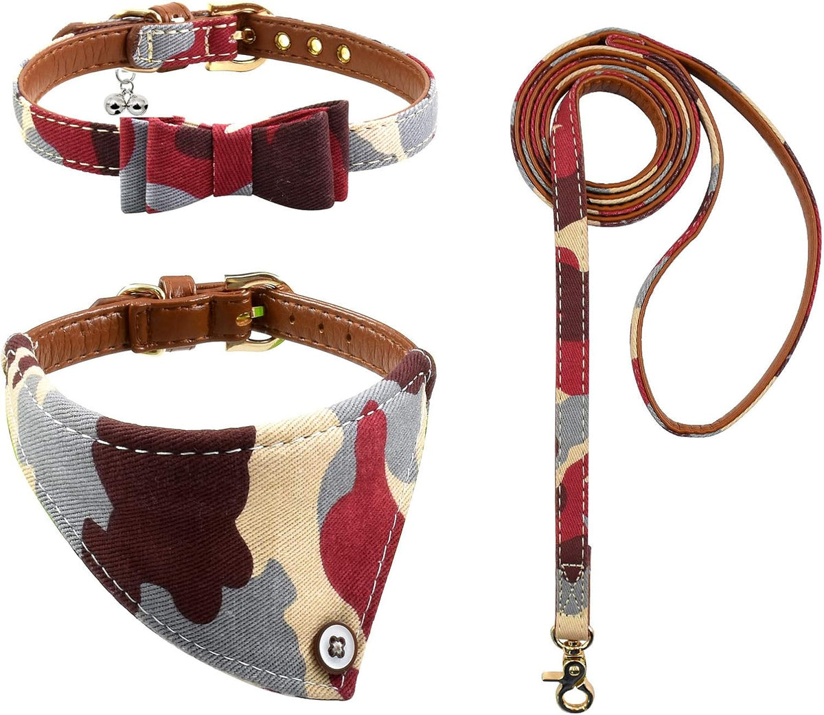 3PCS Bow Tie Dog Collar and Leash Set Plaid/Camo/Dots/Flower Dog Bandanas with Bell 3 Size Adjustable for Small Dogs Puppies and Cats (M, Camo 2)