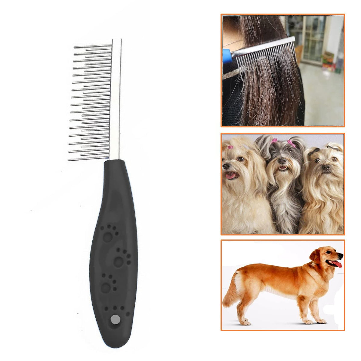 Dog or Cat Comb Grooming with Short and Long Teeth Dematting Knots Tangles Remover Combs Detangler Tool Suitable for Dogs Cats Poodle HorseStainless Steel Pin (Black)