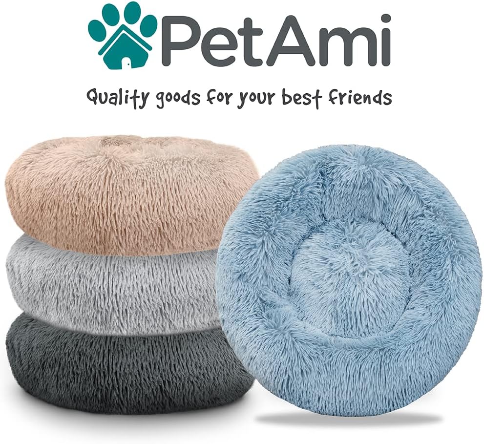 PetAmi Calming Donut Dog Bed, Washable Faux Fur, 30 Inch Medium, Light Grey