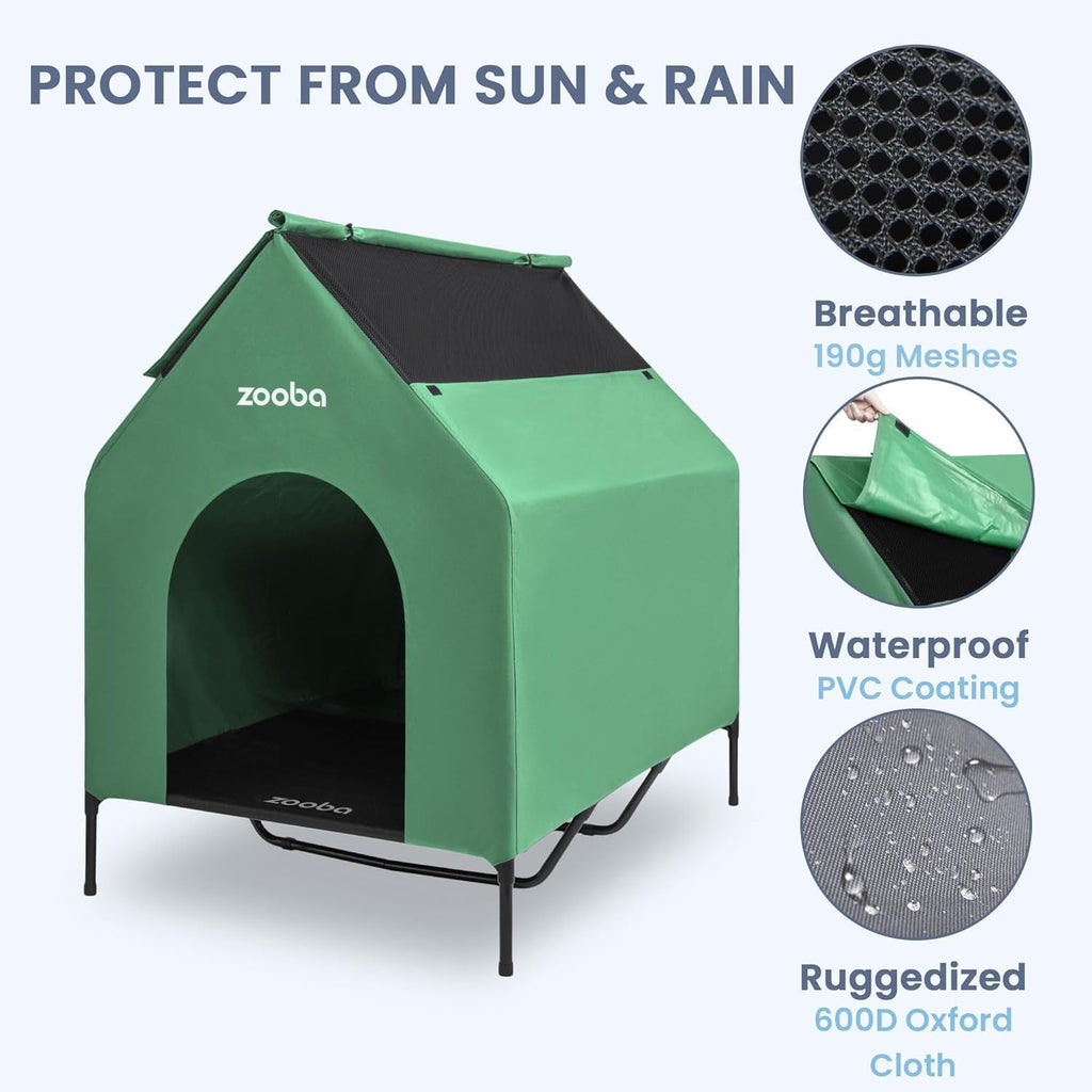 Zooba 48in XL Dog House Outdoor, Elevated Dog Bed with Canopy, Green
