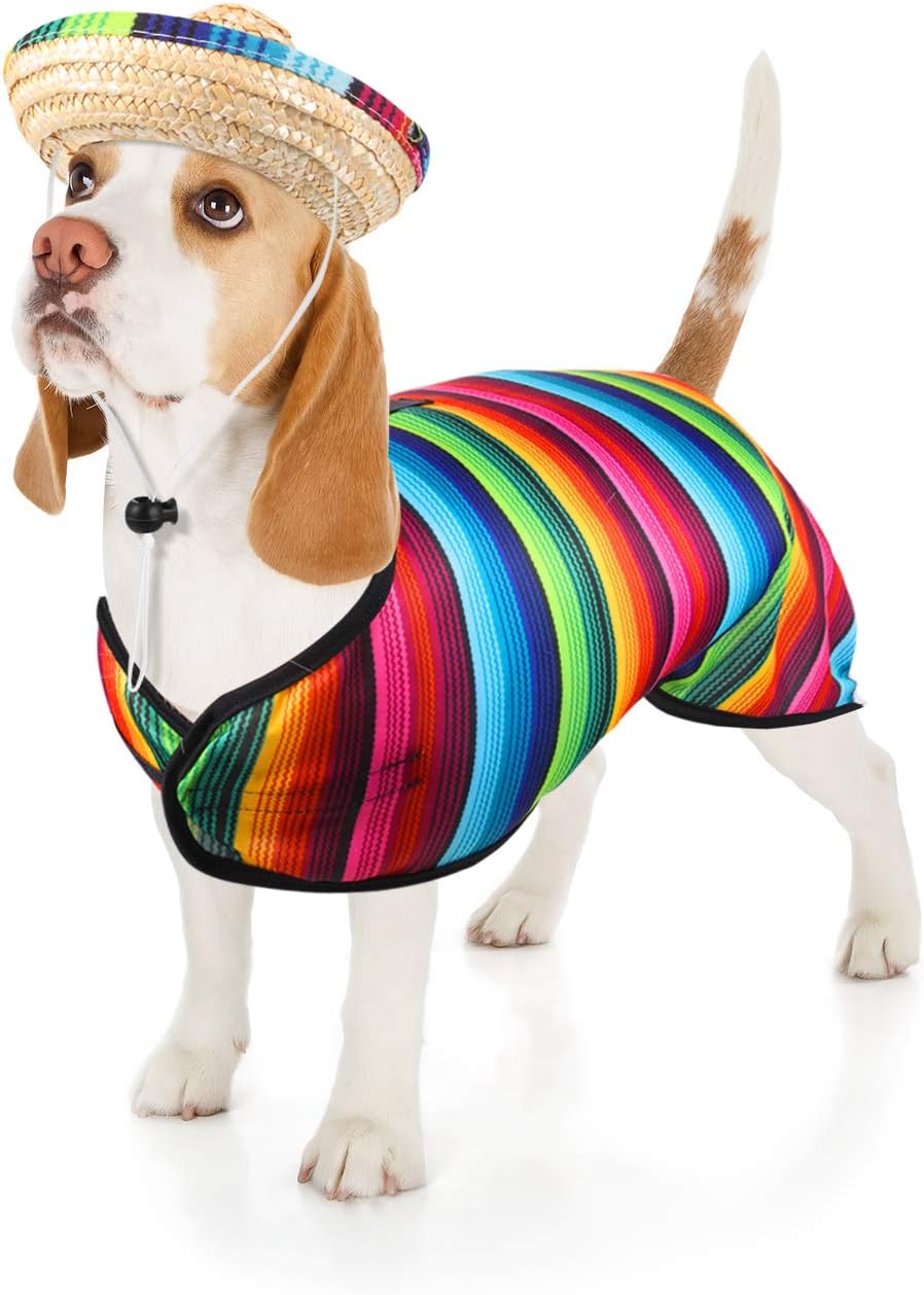 Weewooday 3 Pcs Dog Sombrero Hat and Poncho Halloween Dog Costume S