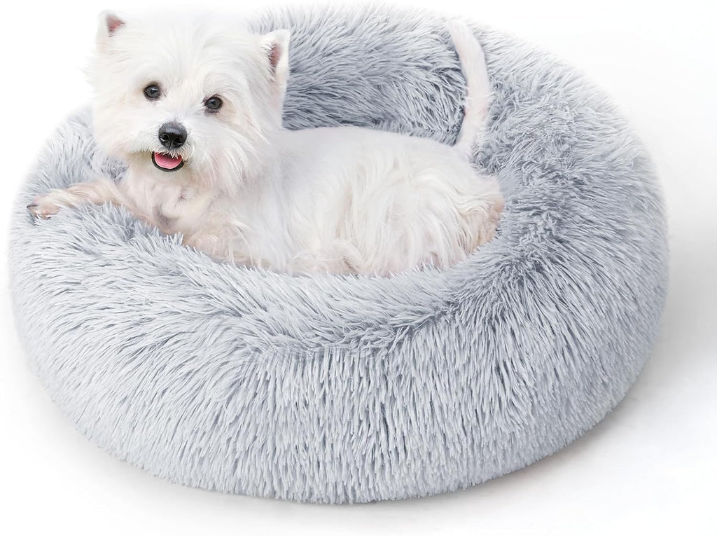 Calming Round Dog Bed & Cat Bed with Anti-Slip Bottom, Medium Size Washable Anti-Anxiety Donut Dog Beds for Small Dogs & Cats, Fluffy Plush Soft Dog Bed(24 Inch, Light Grey)