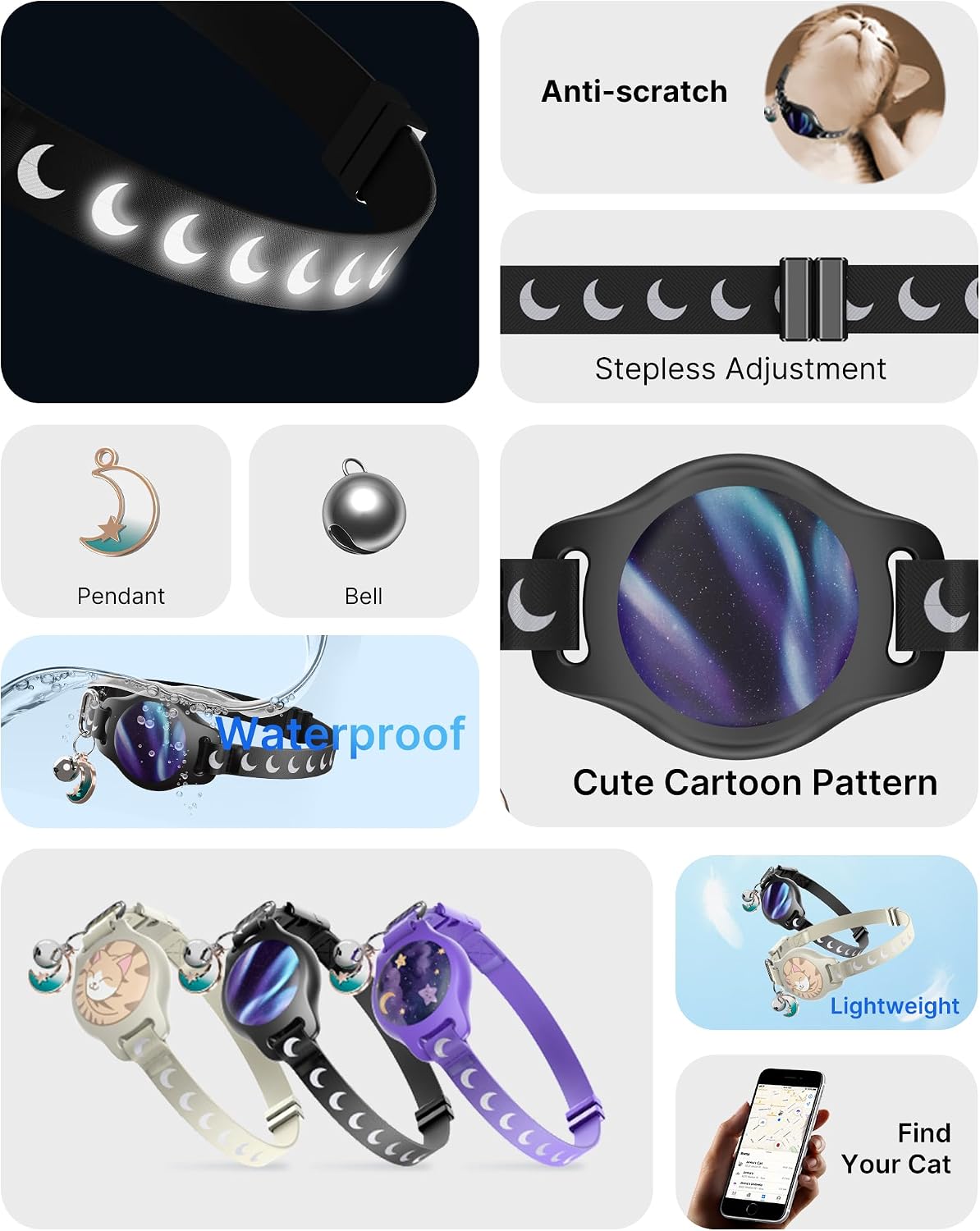 typecase Reflective Breakaway Cat Collar with AirTag Holder, Black/Blue
