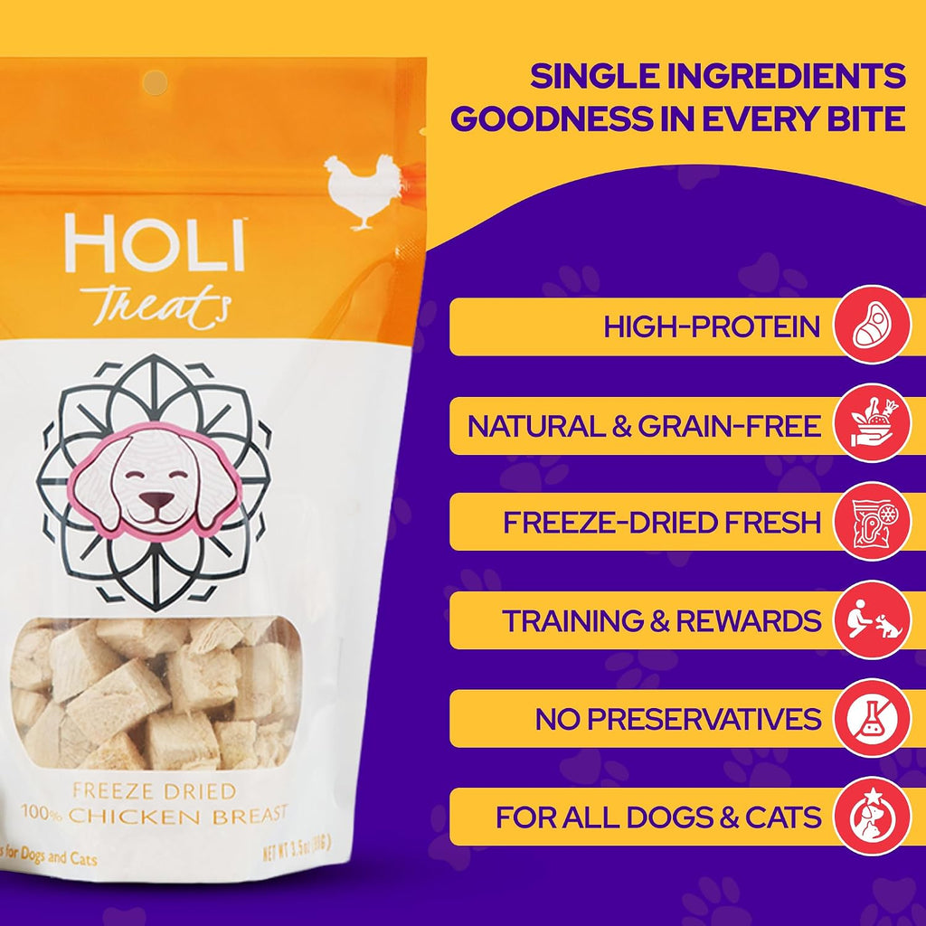 HOLI Freeze Dried Chicken Breast Dog Treats. Single Ingredient Freeze Dried Chicken Treats for Dogs. Healthy All Natural Dog Snack Made from 100% Breast Meat. High Value Training Treat. 1.75 oz