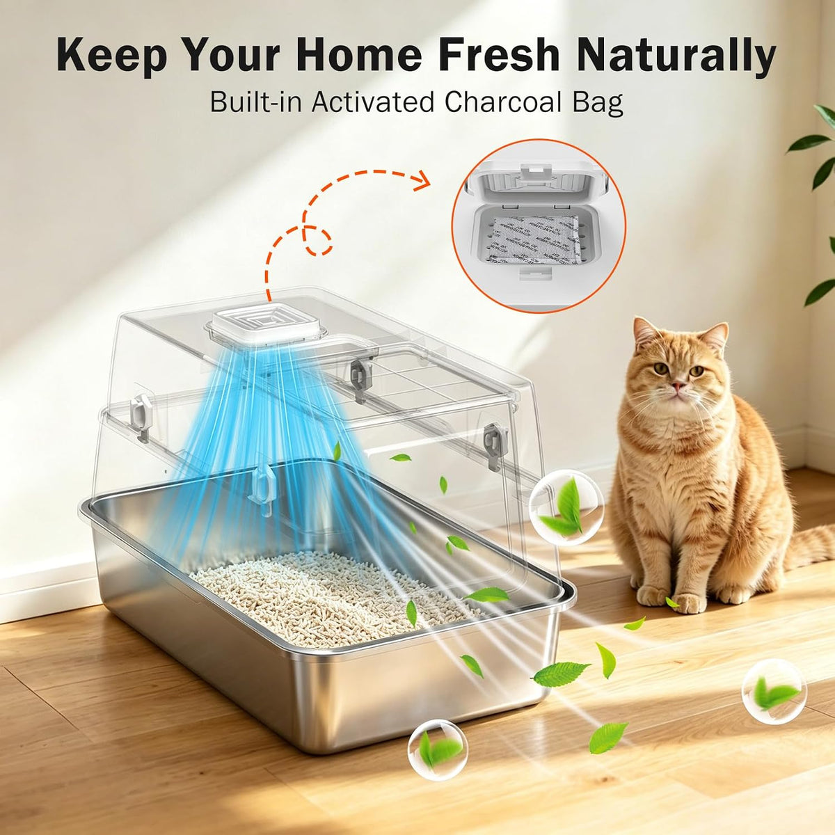 Stainless Steel Litter Box with Lid, Heavy Duty Extra Large Enclosed Metal Cat Litter Pan, Built-in Carry Handle & 120° Flip-Top for Easy Clean, Leak-Proof with Cat Scoop Holder & Odor Control, Gray