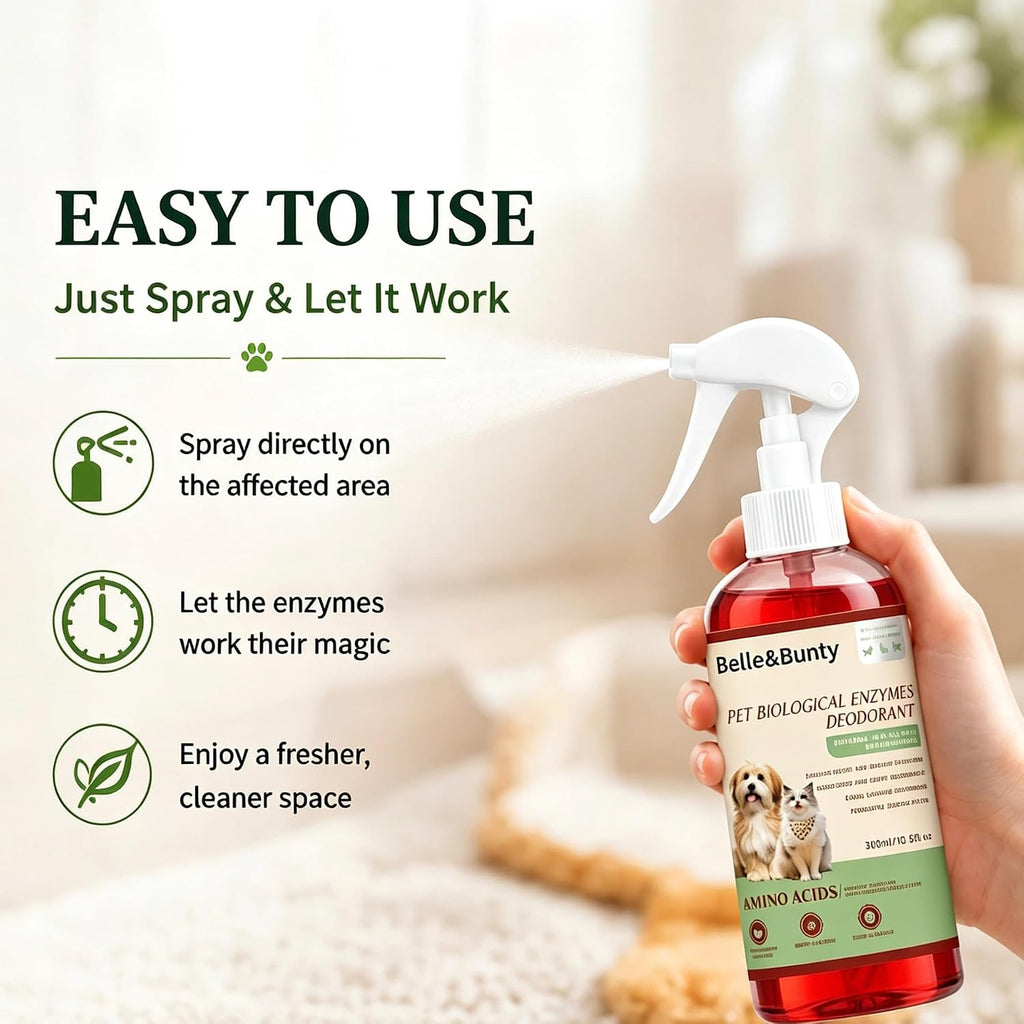 Belle & Bunty Pet Odor Eliminator Spray, Enzyme Cleaner for Dog Urine and Cat Urine, Pet Stain & Odor Remover for Carpet, Cat Litter Deodorizer, Dog Pee Cleaner for Home, Kennel and Furniture, 300ml