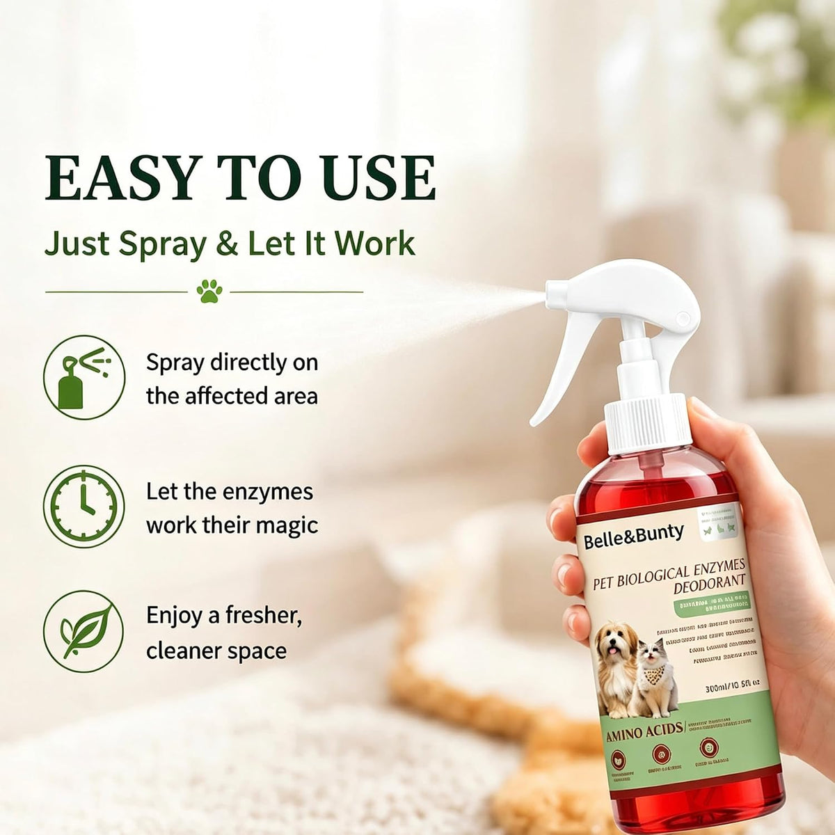 Belle & Bunty Pet Odor Eliminator Spray, Enzyme Cleaner for Dog Urine and Cat Urine, Pet Stain & Odor Remover for Carpet, Cat Litter Deodorizer, Dog Pee Cleaner for Home, Kennel and Furniture, 300ml