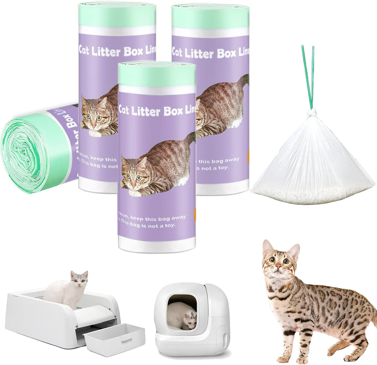100 Pack Cat Litter Box Liner Bags Compatible with Pet Clumping & for Smartspin Self-cleaning Litter Box, Thick Heavy Duty Drawstring Waste Drawer Liners Compatible with PURA X/MAX -23" x 12"