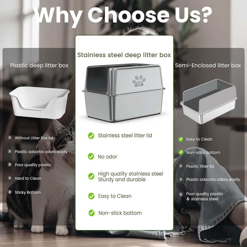 Enclosed Stainless Steel Cat Litter Box with Lid, XL Pan for Big Cats
