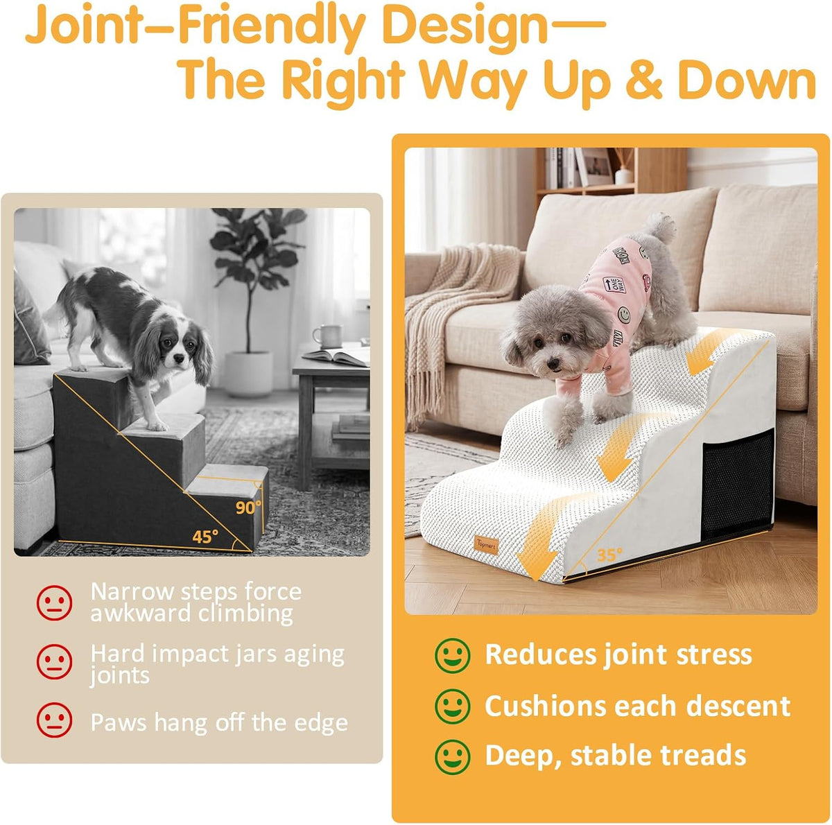Topmart 3 Tiers Foam Dog Ramps,Non-Slip Pet Step,Extra Wide Deep Dog Stair