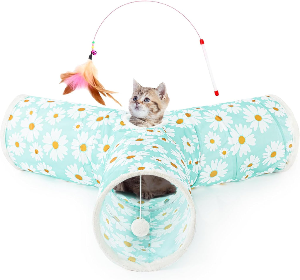 Tempcore Cat Tunnel, 3-Way Collapsible Toy, Large Size Daisy Blue Printed | Large Size 3-Way Cat Tunnel Provides More Room for Cats to Run, Hide and Chase, with Peek Holes, Hanging Ball and Teaser Wand
