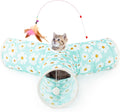 Tempcore Cat Tunnel, 3-Way Collapsible Toy, Large Size Daisy Blue Printed | Large Size 3-Way Cat Tunnel Provides More Room for Cats to Run, Hide and Chase, with Peek Holes, Hanging Ball and Teaser Wand