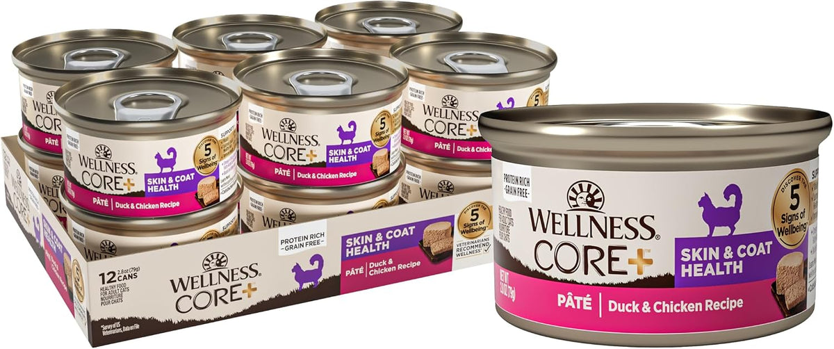 Wellness CORE+ Skin and Coat Health Pate Adult Canned Wet Cat Food, Natural, Protein Rich, Grain Free, Duck and Chicken Recipe, 2.8 oz, Pack of 12 Cans