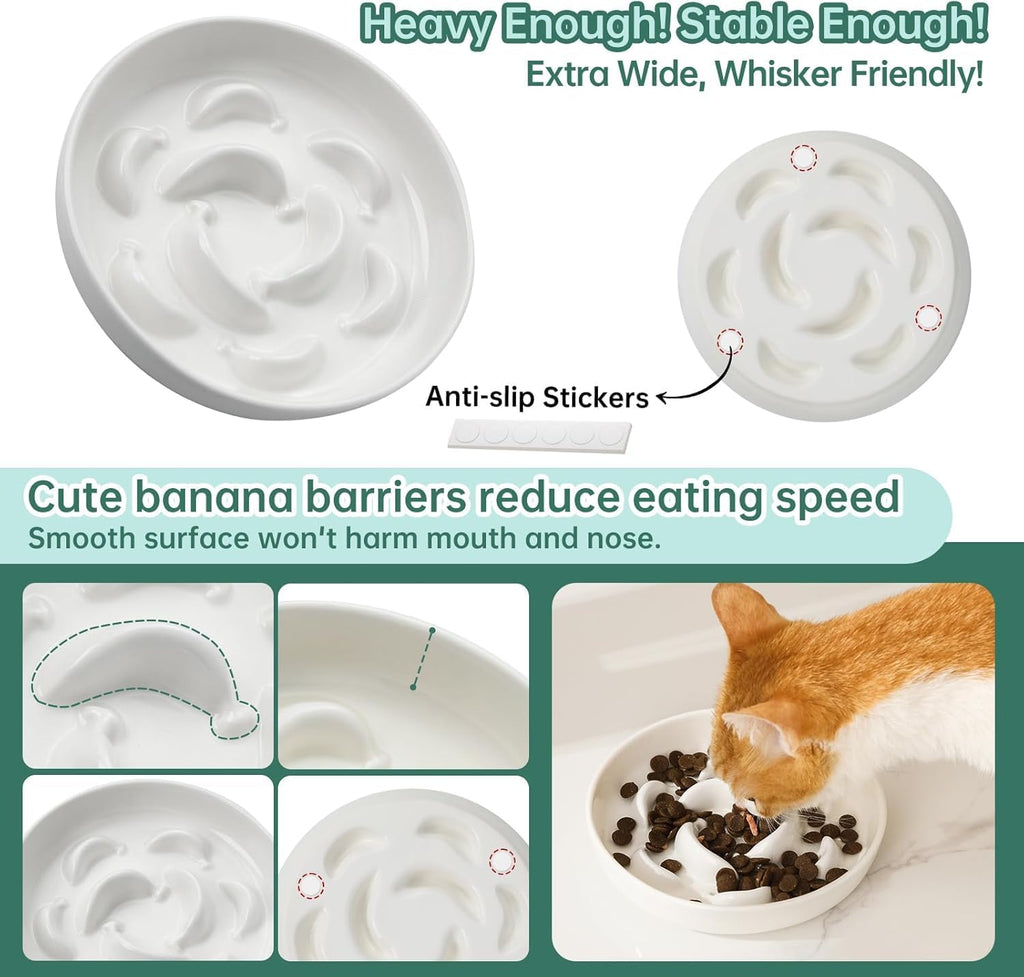 Ceramic Slow Feeder Cat Bowl, 6.3'' Wide Whisker Friendly Cat Puzzle Feeder | Slow Eating 5x, Anti Vomit Shallow Slow Eating Cat Dish for Dry and Wet Food, Microwave and Dishwasher Safe, 6.3" X 1.2"