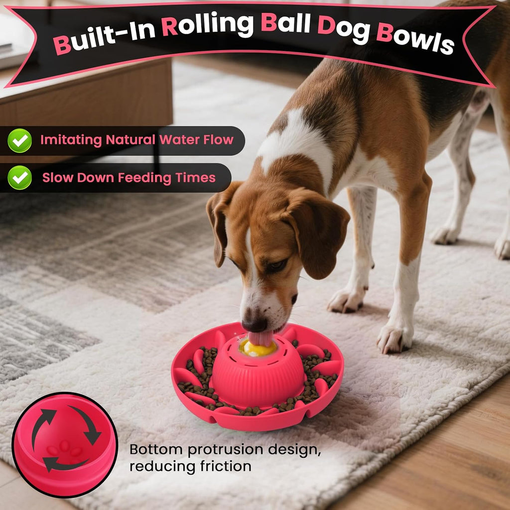 PUPPYGANG 2-in-1 Slow Feeder Dog Bowl & Dog Lick Bowl for Medium Large Dogs, Silicone Puzzle Feeder with Removable Lick Ball, Suction Base Bowl for Kibble, Wet Food, Yogurt & Peanut Butter (Red)
