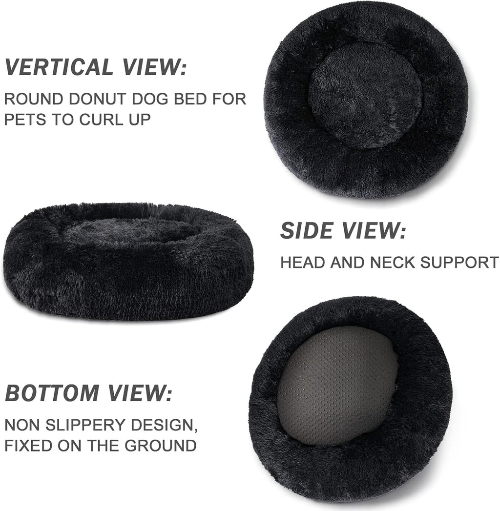 Patas Lague Calming Dog Bed for Large Dogs, Fluffy Soft Cozy Cat Bed, Faux Fur Anti-Anxiety Plush Washable Pet Donut Cuddler for All Seasons 36IN, Black