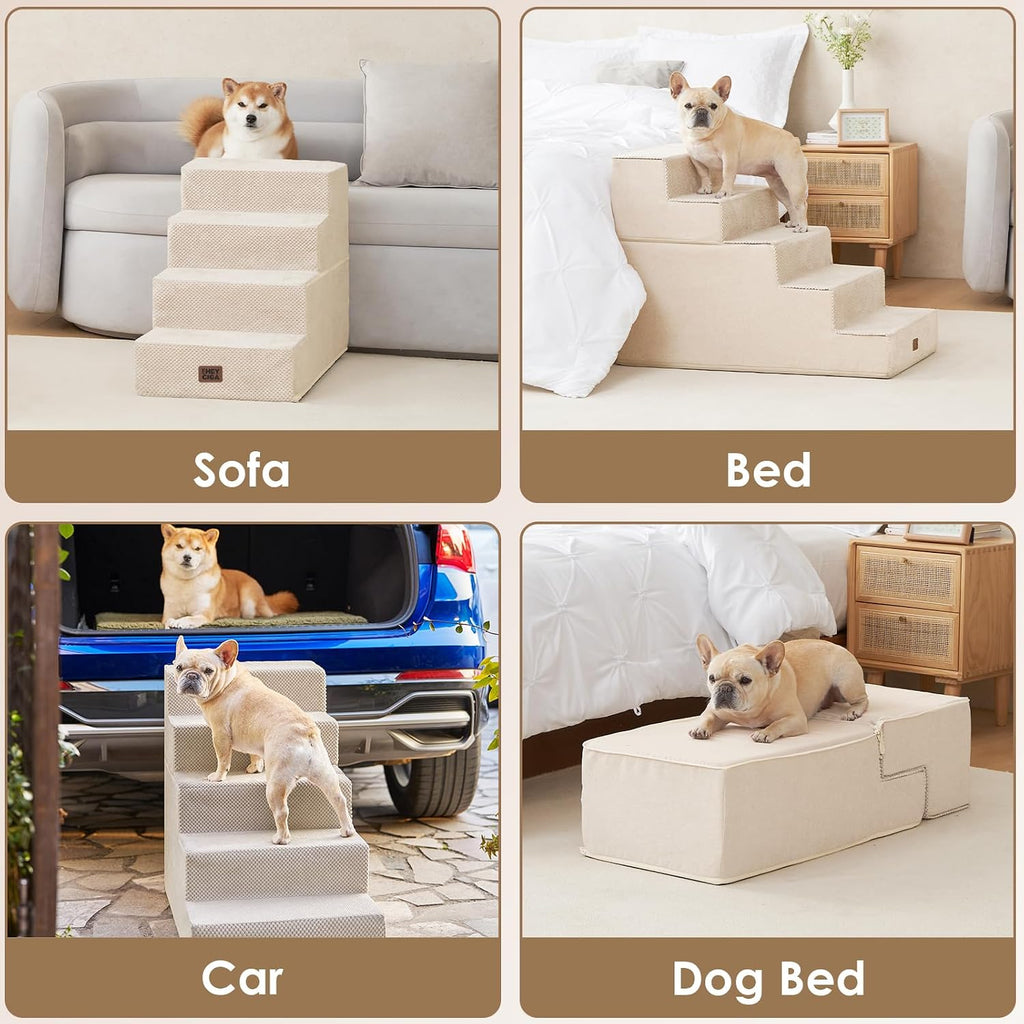 EHEYCIGA Dog Stairs for Bed 22.5" H, 5-Step Extra Wide Dog Steps, Beige