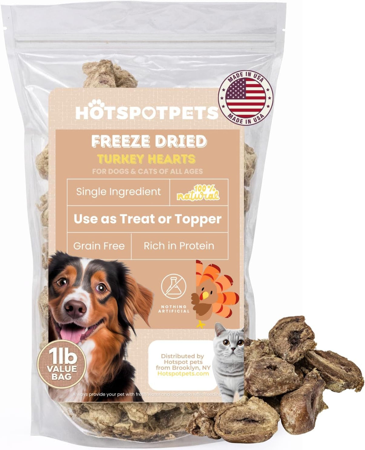 hotspot pets Freeze Dried Turkey Hearts Treats for Cats & Dogs - Made in USA, 1lb Big Bag, Single Ingredient All Natural Grain-Free Turkey Heart - Great for Training, as a Topper or Snack