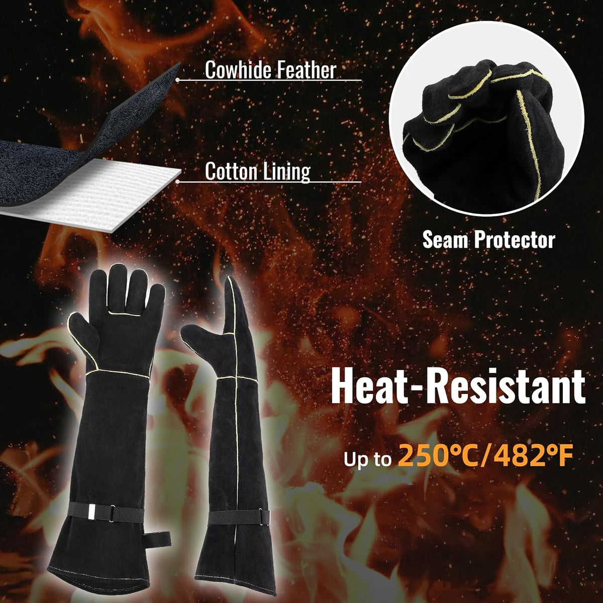 Animal Handling Gloves Bite Proof, Thickened Leather Cat Gloves for Scratching, Falconry, Welding, 23.6 inch Black Yellow