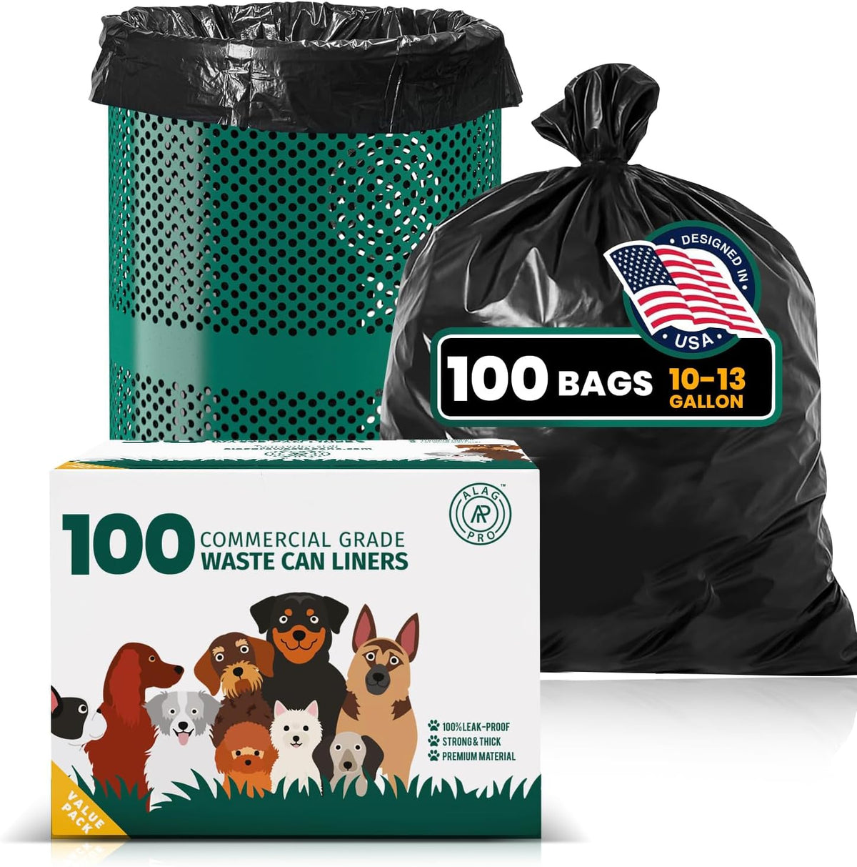 ALAGPRO® 100 Premium Dog Waste Station Can Liners - 2 Rolls of 50 Bags - Standard Size 26" W x 33" L (10-13 gallons) - Heavy Duty Pet Poop Trash Can Bags, 40% Thicker than Competitors Bags (1.1 mil)
