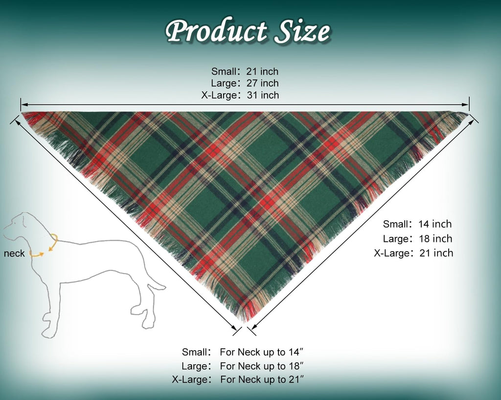 Christmas Dog Bandanas 2PCS-Large,Red-Green Plaid Scarf w/Tassels for Dogs