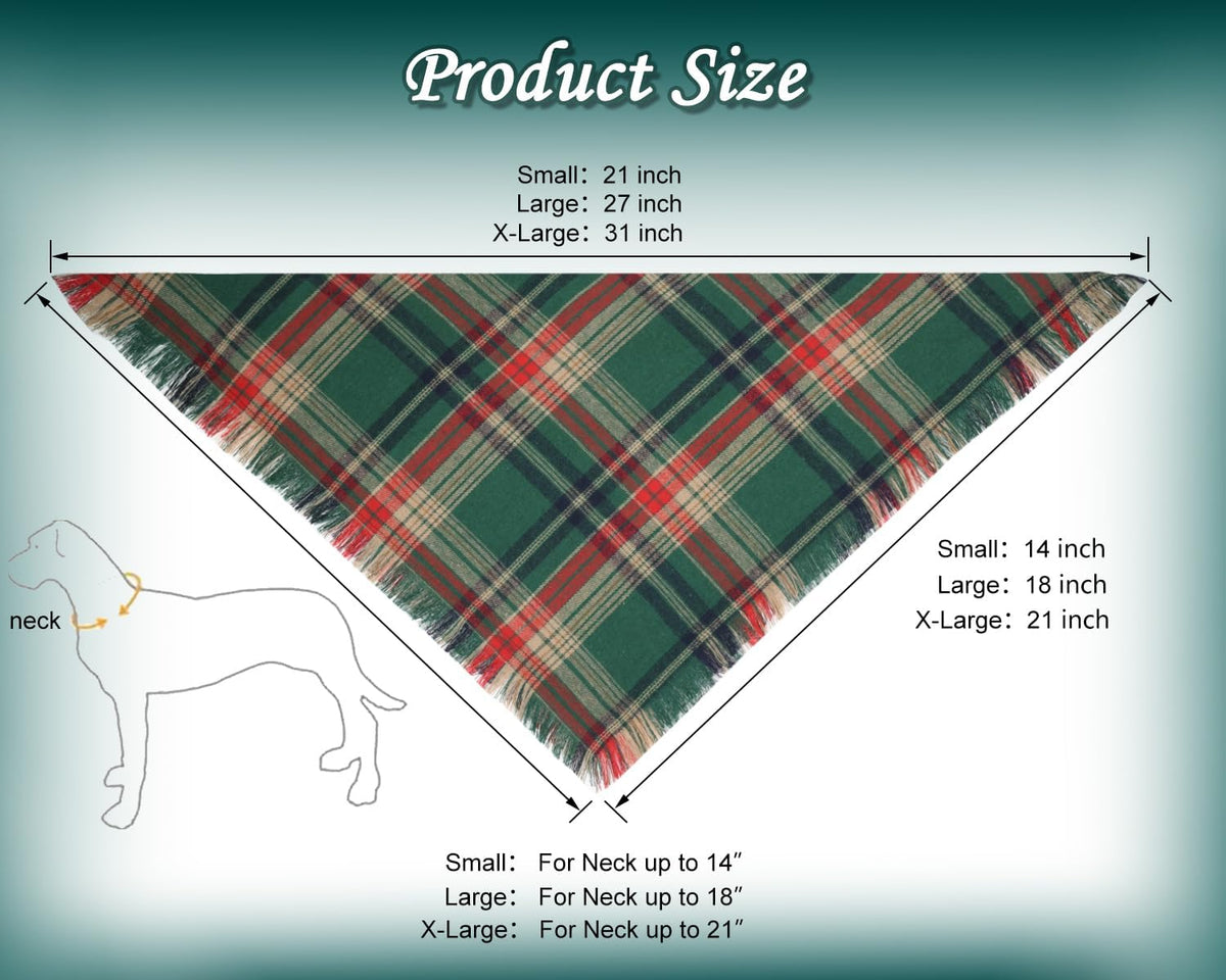 Christmas Dog Bandanas 2PCS-Large,Red-Green Plaid Scarf w/Tassels for Dogs
