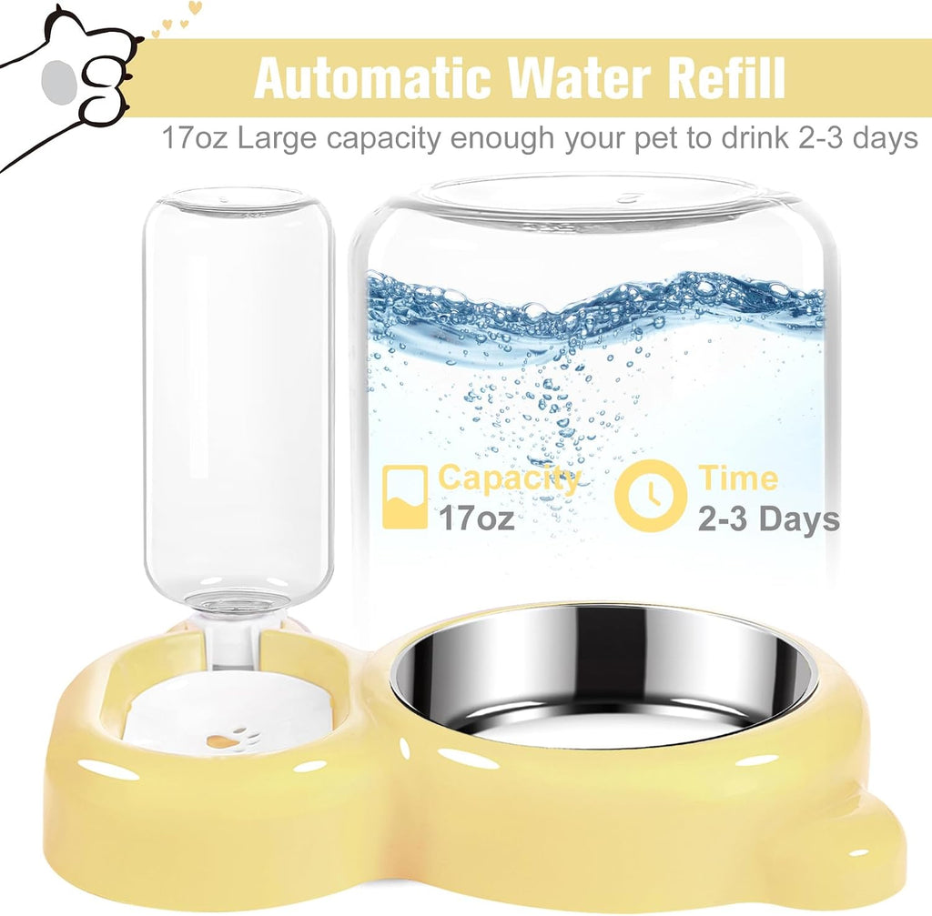 Dog Bowls, Cat Food and Water Bowl Set with Water Dispenser and Stainless Steel Bowl for Cats and Small Dogs - Yellow