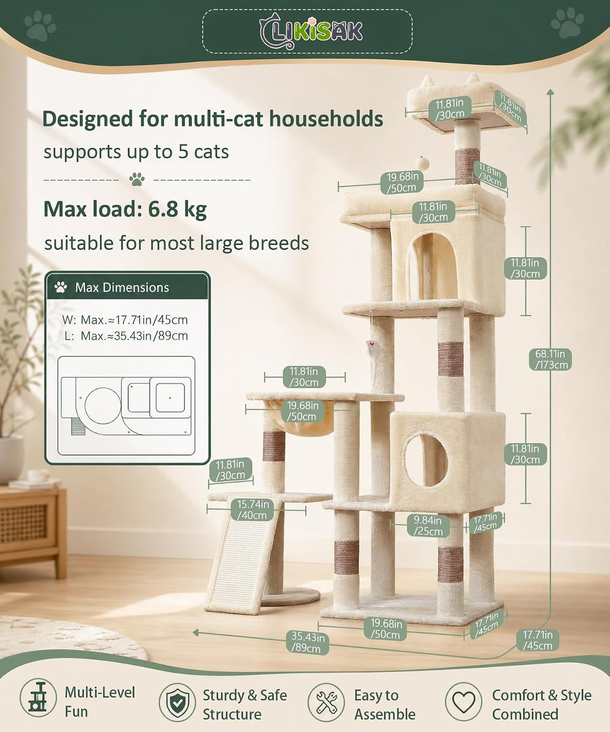68 Inch Heavy Duty Cat Tree Tower for Indoor Cats Large Adult