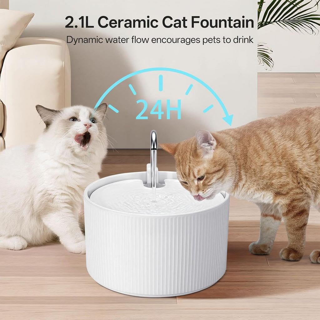 Upgrade 2.2L/78oz Ceramic Pet Fountain, Automatic Ceramic Water Fountain for Cats, with Ultra-Quiet Pump (White)