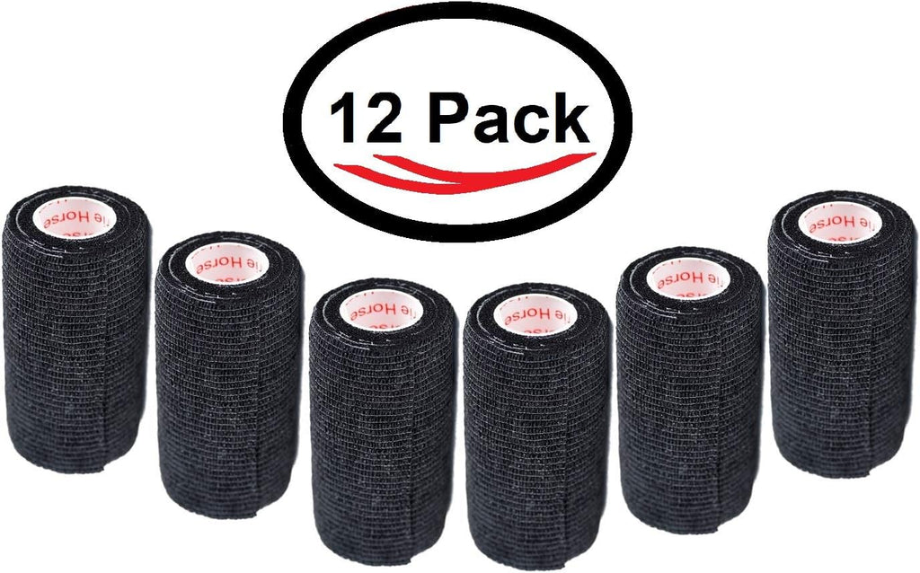 3 Inch Self Adhesive Bandage Wrap - Self-Sticking Vet Wrap - Black, 12 Pack