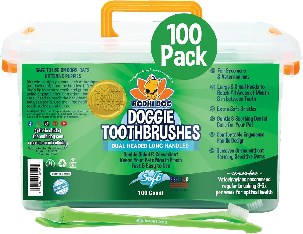 Bodhi Dog Dual-Headed Toothbrush for Dogs & Cats - Soft Bristles for Gentle Pet Dental Care - Puppy & Adult Teeth Cleaning - Easy-to-Use Design for Healthy Gums & Fresh Breath (100 Count) 