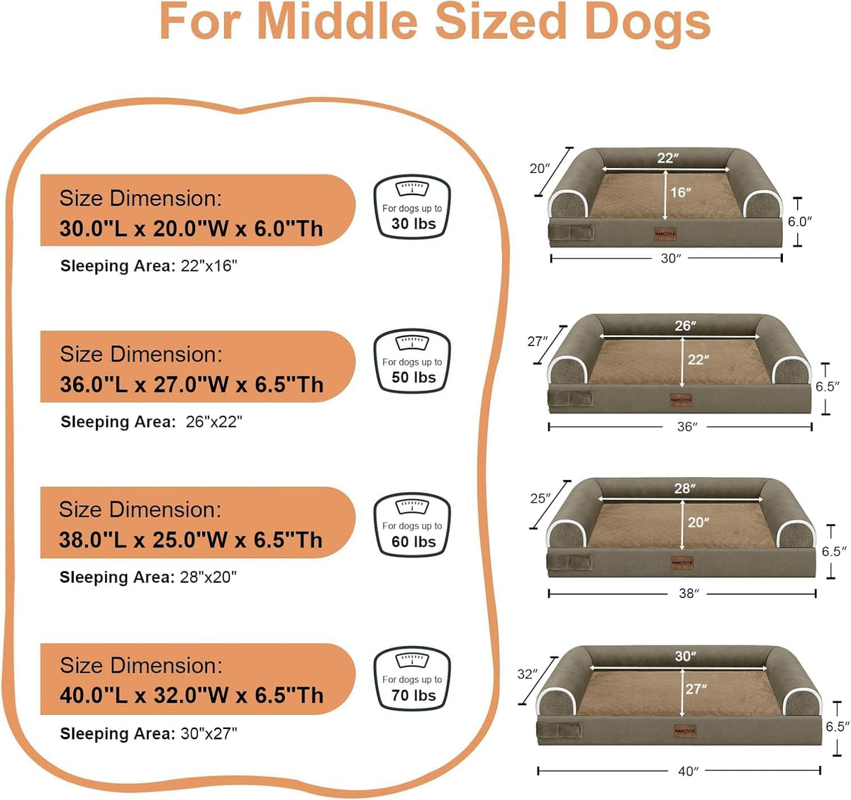 NANUYA Orthopedic Dog Bed for Large Dogs, 36 x 27 Inch, Brown