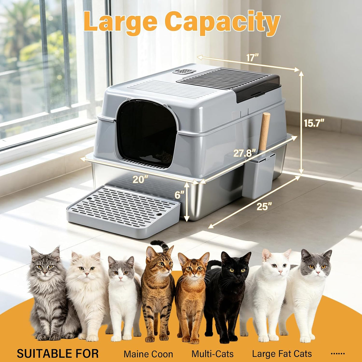 XXXL Stainless Steel Litter Box with Lid, Enclosed Metal Cat Litter Box | Extra Large Litter Boxes for Big Cat, Multiple Cats,Odor Control,Anti-Leakage, Includes Scoop & Pedal,27.75 x 19.75x 15.7