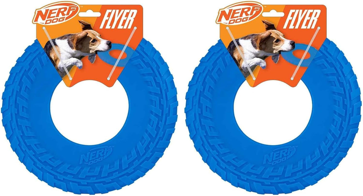 Nerf Dog Tire Flyer Outdoor Dog Toy, 10 Inch Flying Disc Dog Fetch Toy, Rubber Dog Toy for Medium Dogs and Large Dogs, Blue (Pack of 2)