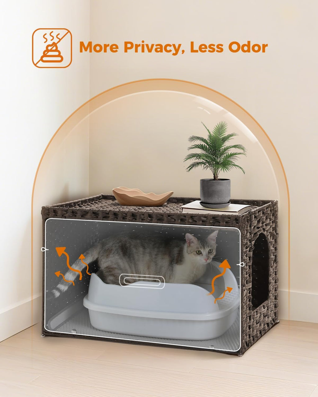 MUTTROS Rattan Cat Litter Box Enclosure - Hidden Litter Box Furniture by Handwoven Wicker with Taller Doorway & Raised Edge Mat-Cat House Cabinet for Large Cats Indoor Living Room Odor Control, Brown